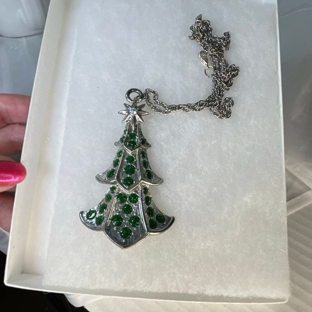 Vintage Christopher Radko Shiney Brite silver tree ornament necklace.